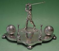 Fine Edwardian silver plated golfers inkwell desk stand - featuring fine Victorian golfer the top of