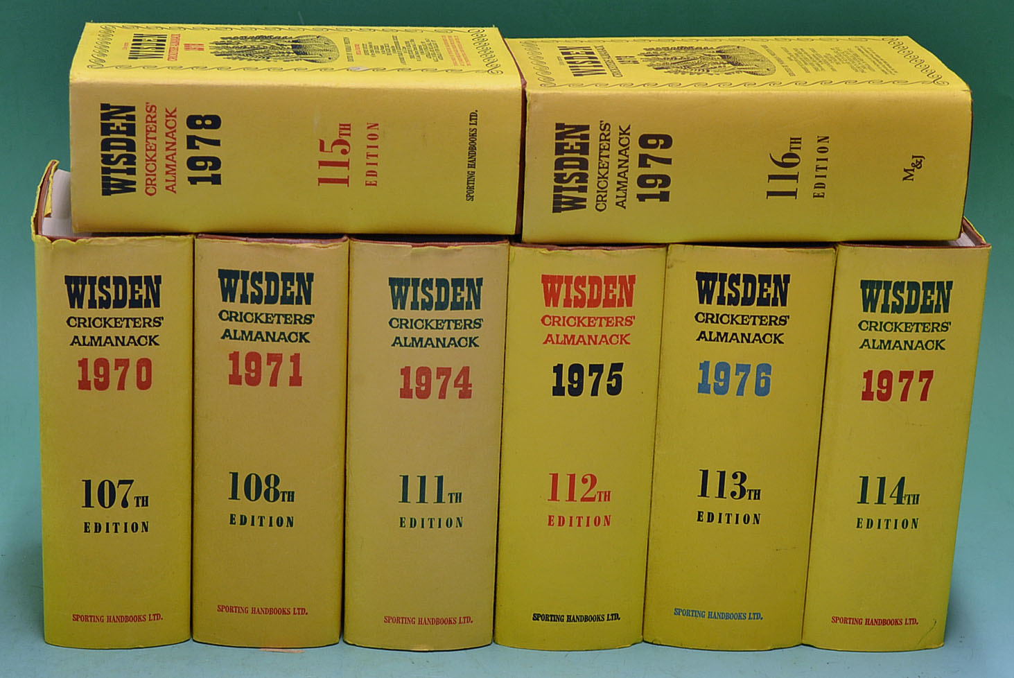 Wisden Cricketers' Almanacks 1970^ 71^ 74-79 all original hardbacks with DJs in VG condition (8)