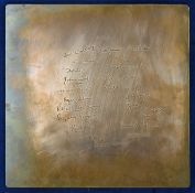 Copper plate with cricket signatures to include Kenneth Shaw^ Derek Johnson and Reginald Simpson all