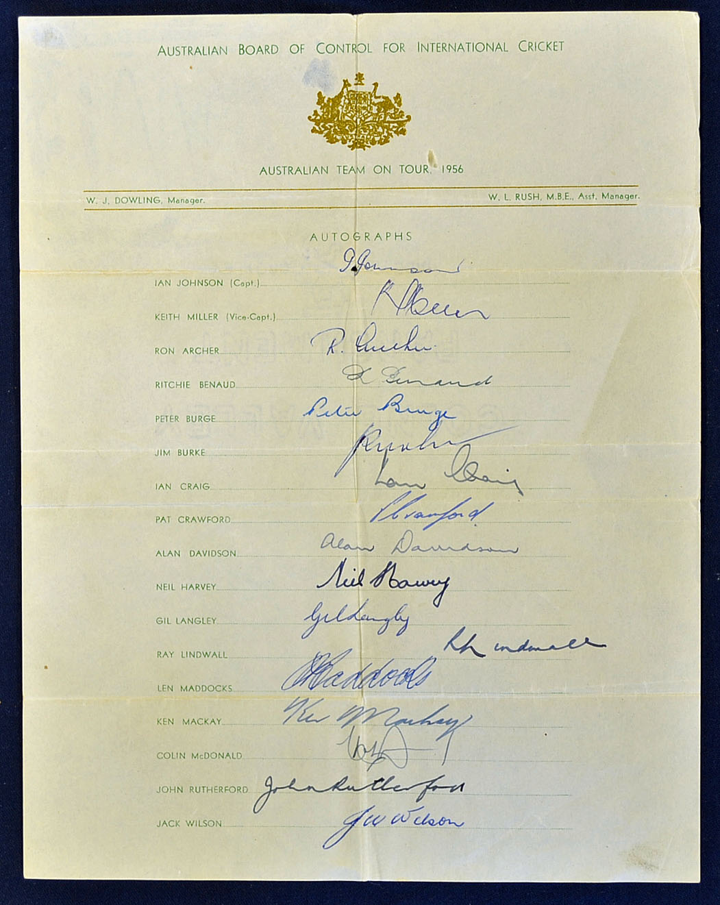 1956 Australian tour to England signed cricket team sheet including Johnson^ Miller^ Archer^ Benaud^