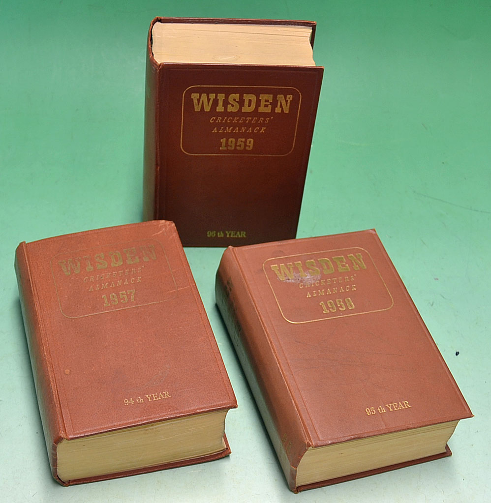 Wisden Cricketers' Almanacks 1957-1959 in original hardback covers some writing but minimal^ overall