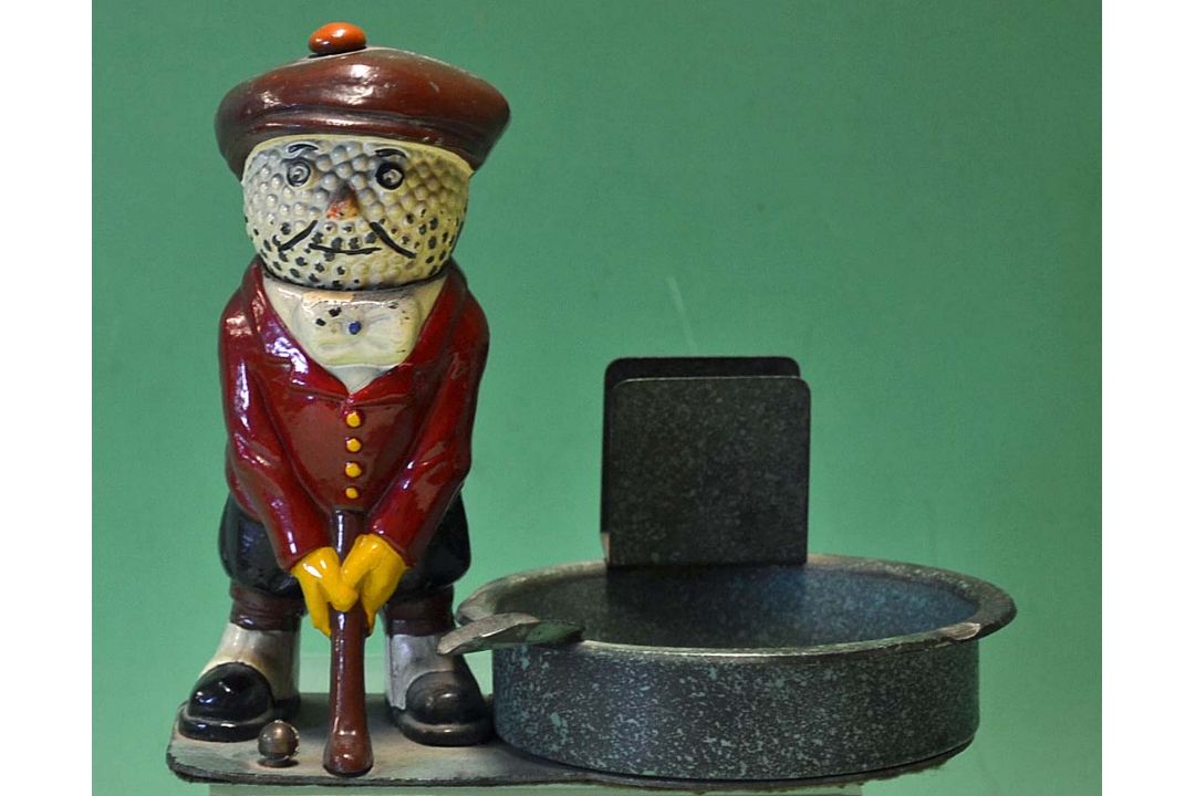 Rare Haskell golfing figure match stick holder and ashtray c1910 - hand painted red coated golfer