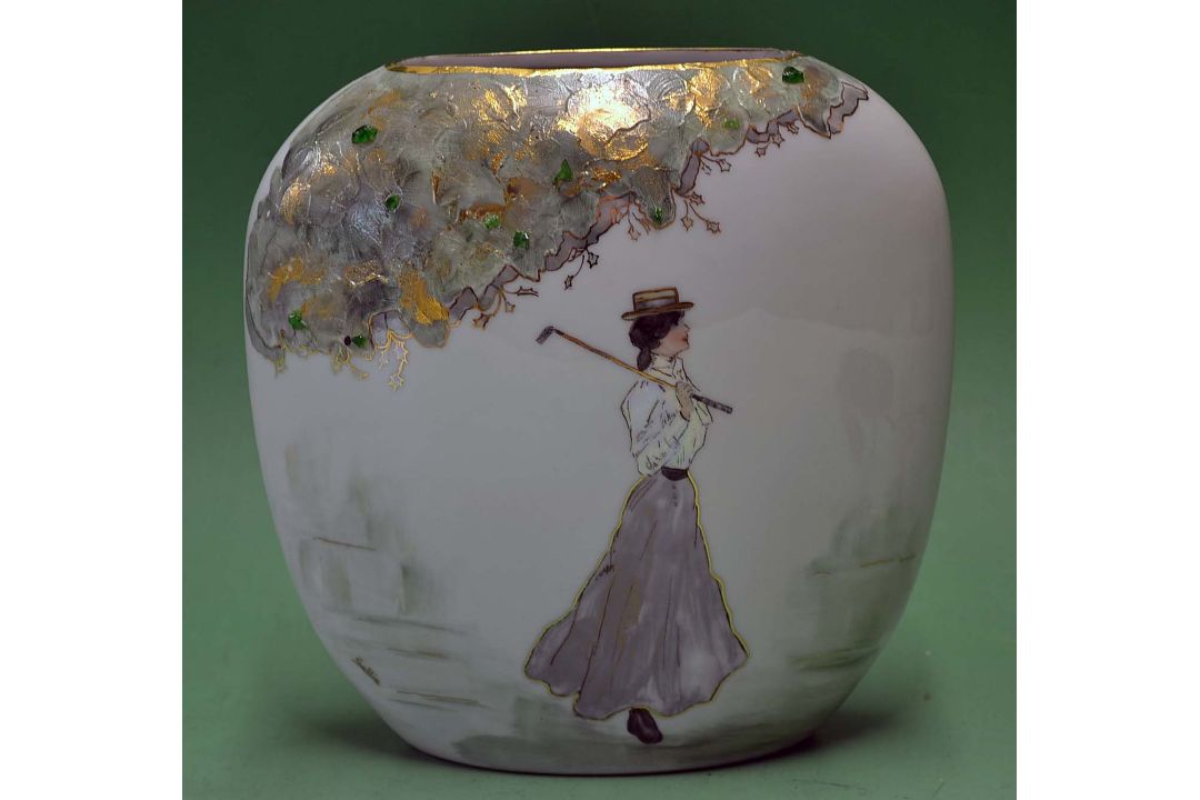 Lustre ware vase with a hand painted figure of Vic lady golfer signed by artist Sallie - set against