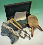 Table Tennis set in an early wooden box containing a Gamages set of posts and net together with