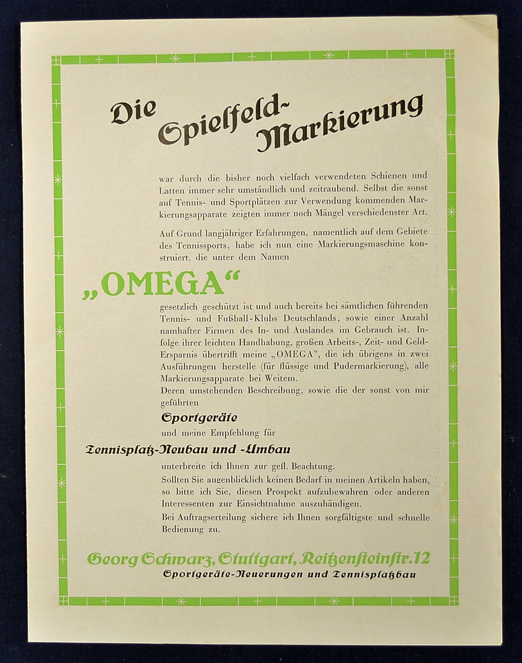 1920s German Tennis advertising flyer from George Schwarz^ Stuttgart^ detailing various "Omega"