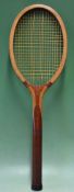 Bristol'I' wooden tennis racket having a regular handle c/w leather butt cap^ a concave wedge and