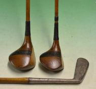 2x Matching patent striped top stained persimmon wood Hickman's 'Bamfe' woods a brassie and a spoon^