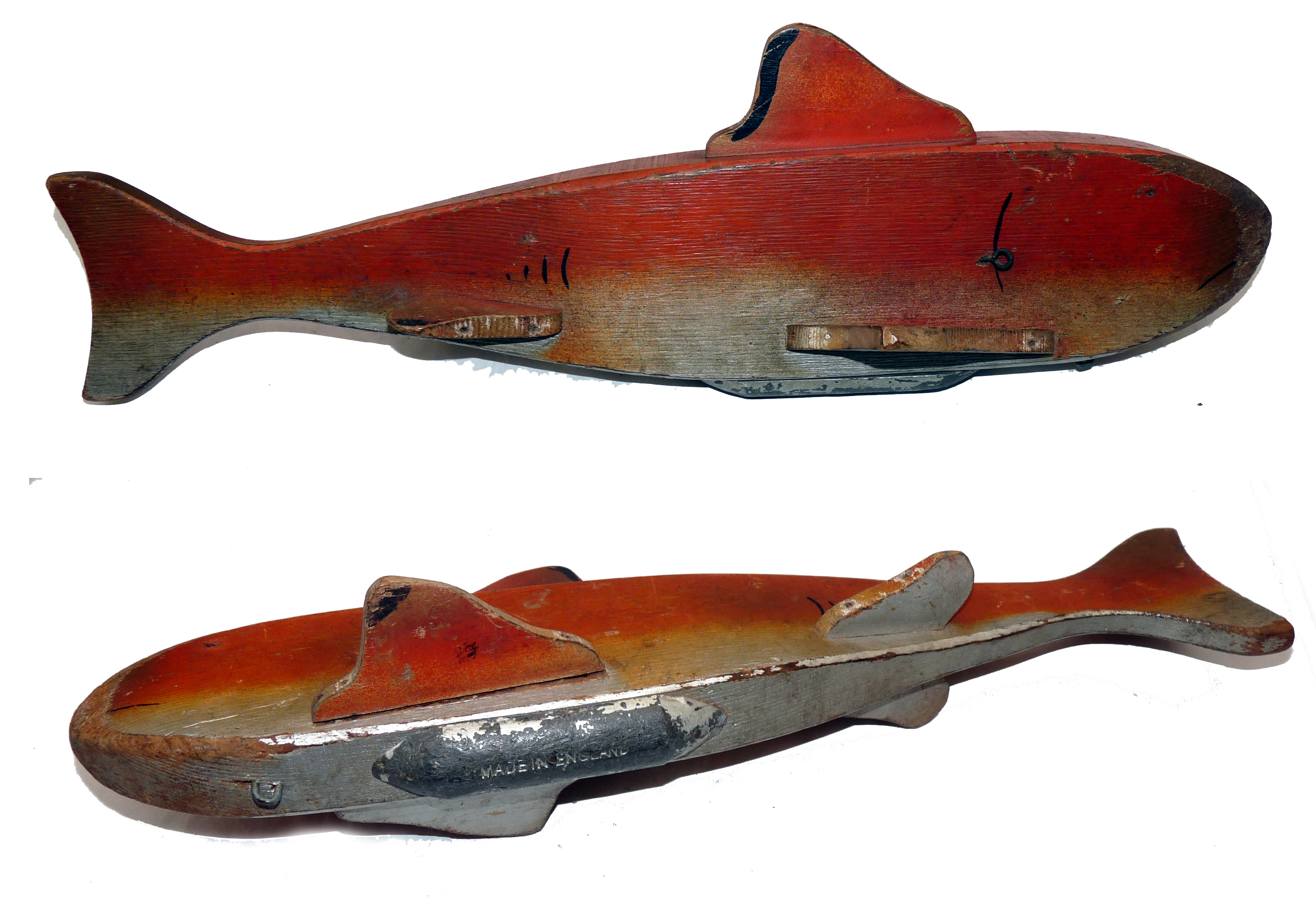 DECOY: Unusual folk art style wooden decoy fish lure, 17.5" long, red over silver paint, line fixing