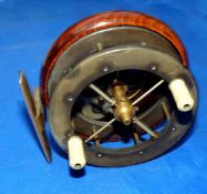 REEL: Early Coxon Aerial 4 spoke wood backed Centrepin reel, 3.5