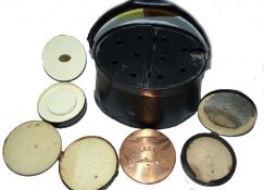 ACCESSORIES: (5) Early zinc bait kettle with hinged perforated lid and carry handle, oval base