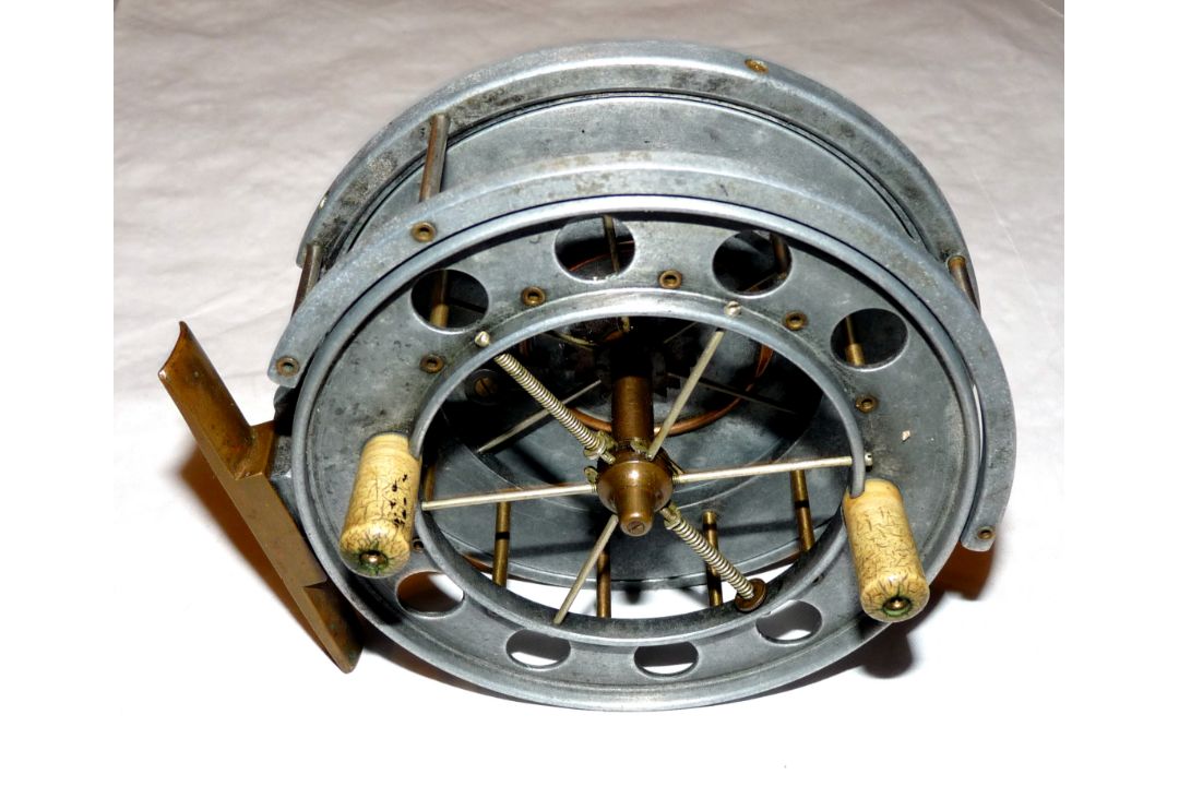 REEL: Early Allcock Aerial 4.5" alloy trotting reel, model 7950/T3, 8 large holes to front plate,