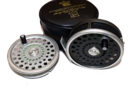 REEL & SPOOL: (2) Hardy Marquis 8/9 alloy trout fly reel, black handle, U shaped line guide,