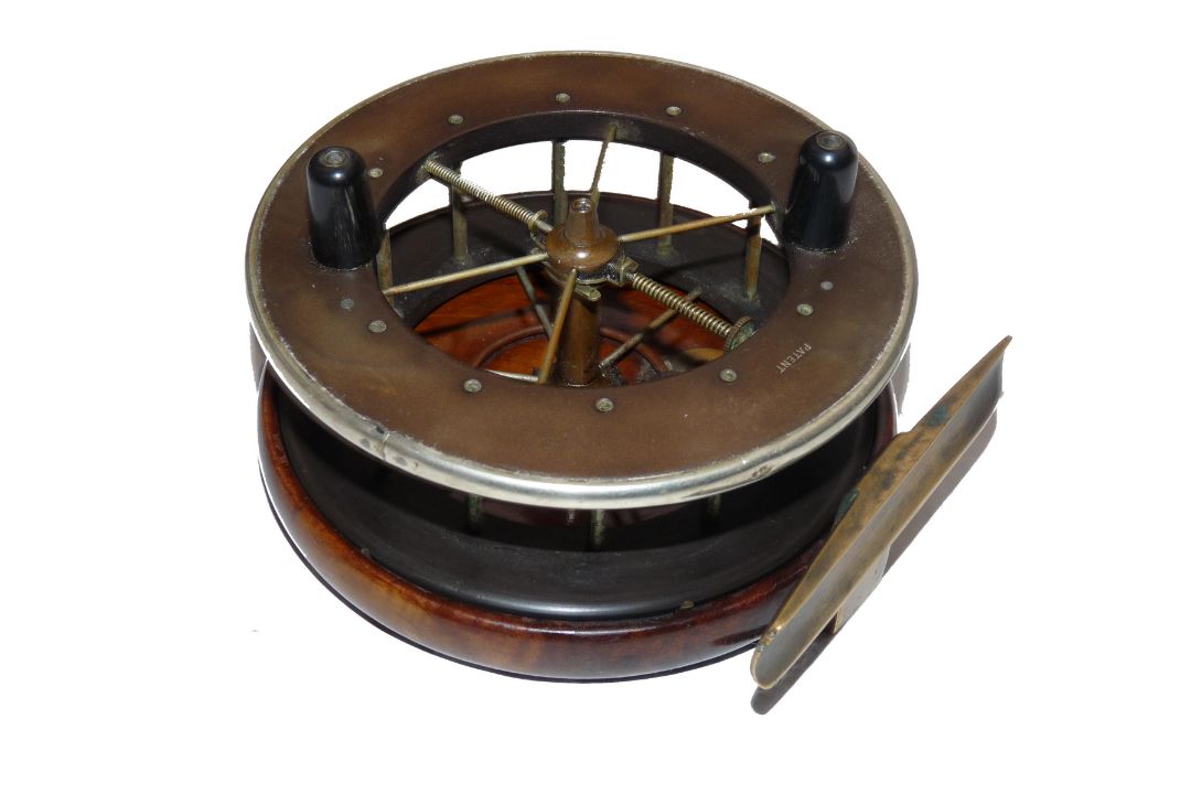 REEL: Fine Allcock's Coxon 6 spoke Aerial reel, 4.5" diameter, wood backed with ebonite drum, nickel - Image 1 of 2
