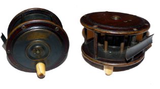 REEL: Victorian Chas Farlow Scottish pattern wood and brass salmon fly reel, rare 4.75