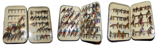FLIES & BOX: Fine P D Malloch of Perth double leaf black japanned salmon fly clip box, 8