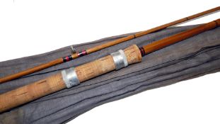 ROD: Fine unnamed 10' 2 piece split cane carp rod, low bridge red agate guides all through,