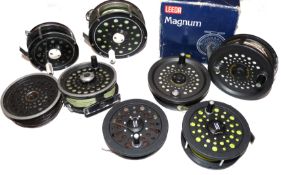 REELS (5) SPOOLS (3): Leeda Magnum 140D bar stock alloy salmon fly reel, narrow drum, backplate