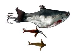 LURES: (3) Rare early leather cloth fish bait, 4.5