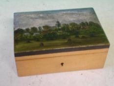A Boxwood Box The lid painted in oils with a village scene. 5 ½