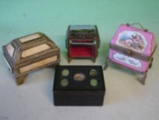 Four Decorative Boxes Viz: A Limoges casket on stand (AF), an Indian ebony box (Damage to inner