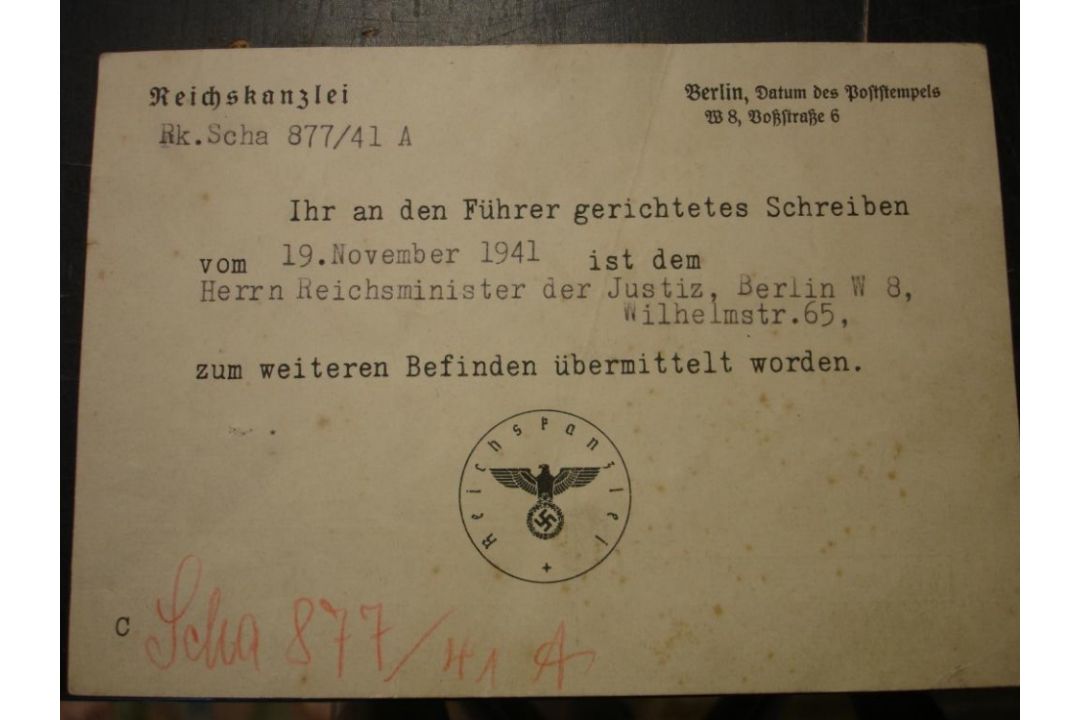 Ernst Schnabel / Ann Frank A rare reply card from the Reich's Chancellory to Schnabel 25-11-41