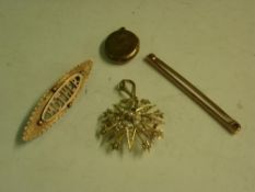 A 9ct Starburst Pendant Set with seed peals (some settings vacant) together with a locket, a bar