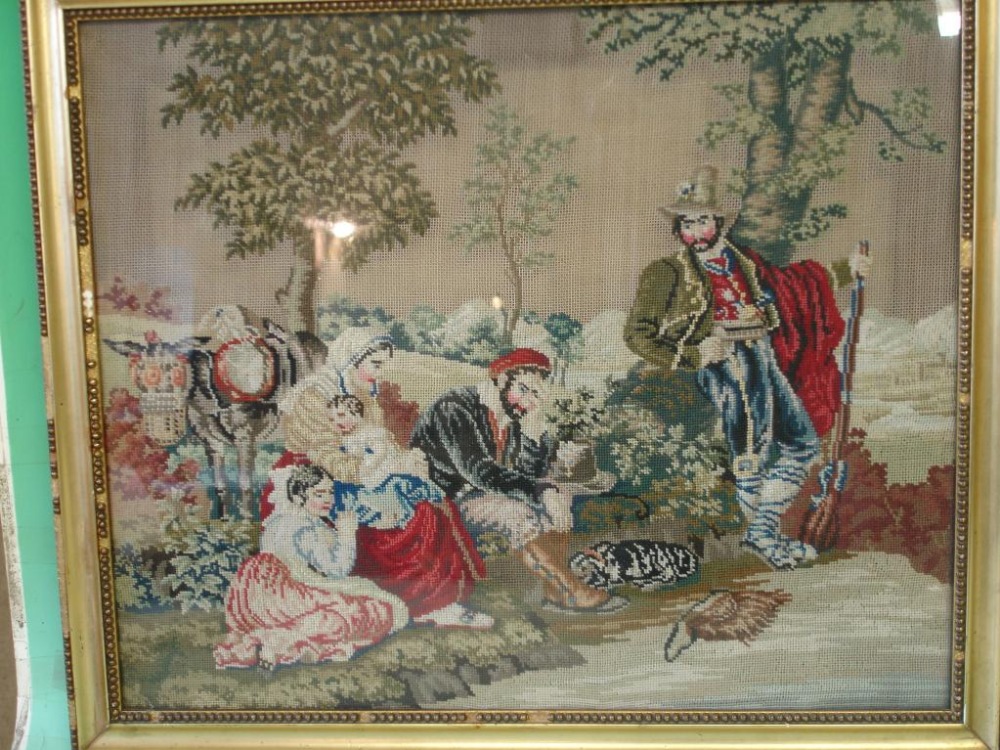 Textiles A woolwork, rustic family with donkey and hound at the roadside. 13"x 15". 19th century