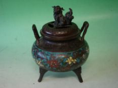 A Japanese Cloisonne Censer Meiji. In bronze, the pierced cover surmounted with a dog of fo,