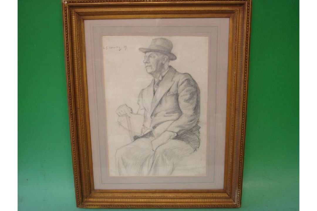 Signed L.S Lowry, Portrait of a gentleman, probably Lowry himself, wearing a trilby hat. Pencil 15"