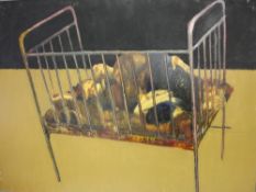 Vietnam War Interior with mother and child on a bedstead. Oil on hardboard 24