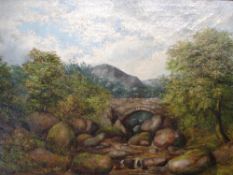 English School River scene with bridge and figure. Oil on canvas 10