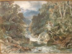 William Bennett Wooded river valley with figure. Signed and dated 1856. Watercolour on paper 15