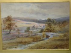 Edward Tucker c1846-1909 Moorland landscape with cottages and bridge. Signed with pseudonym 
