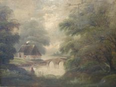 English Naïve School River scene with cottage and angler. Oil on patched canvas 20