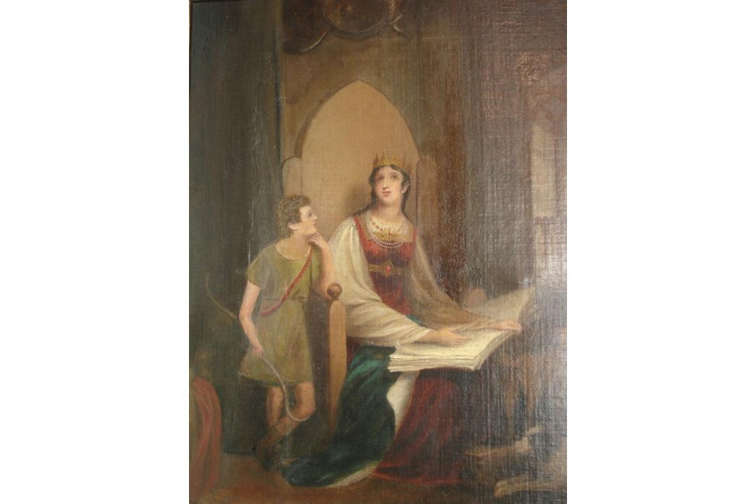English School Interior with a young Queen and boy attendant. Oil on lined and restored canvas
