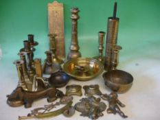 A Collection of Various Brassware To include candlesticks, peppermill, finger plate and sundries