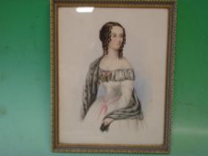 English School Portrait of a young lady, she with ringlets in her hair and wearing a shawl.