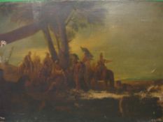 European School Roman soldiers at rest beneath a tree in the evening light. Oil on lined canvas