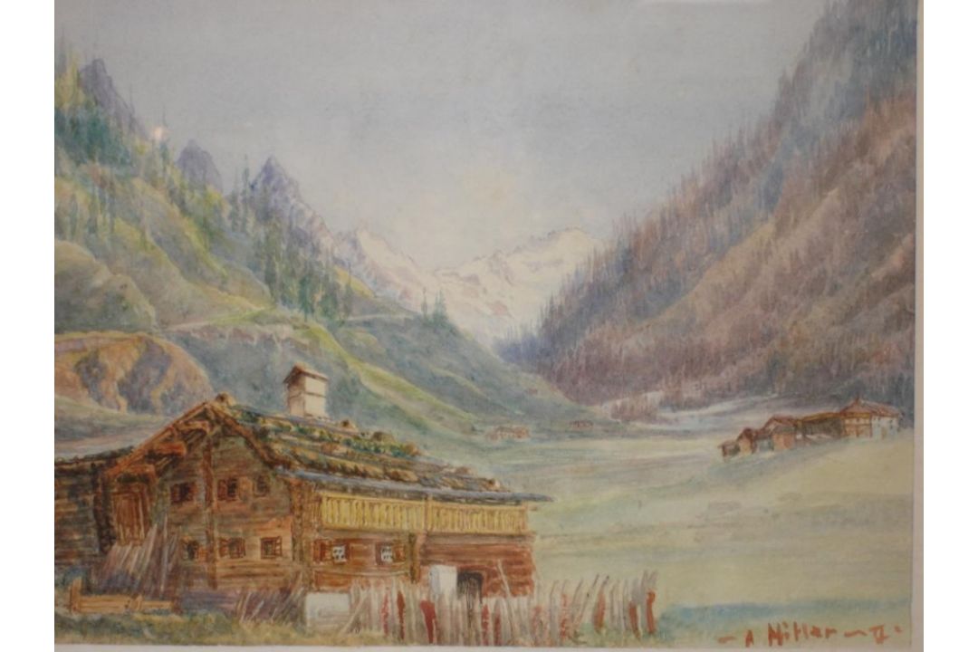 Signed A. Hitler Chalets in an alpine valley. Watercolour on paper 8 ¾"x11 ¾"