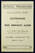 Scarce FA Cup football programme Gateshead v West Bromwich Albion 1951/52 fourth round match, 4 page