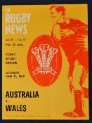 1969 Australia v Wales international rugby programme - played at the Sydney Cricket Ground on