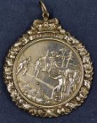 Royal Caledonian Curling Club white metal medal with an early embossed curling game scene to the