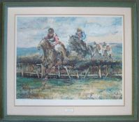 Horse racing signed ltd ed print titled - ‘Over the Sticks’ – signed in pencil by the artist