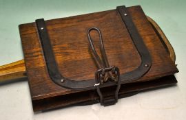 Interesting folding wooden tennis racket press c. 1900 – comprising two solid wooden panels and iron
