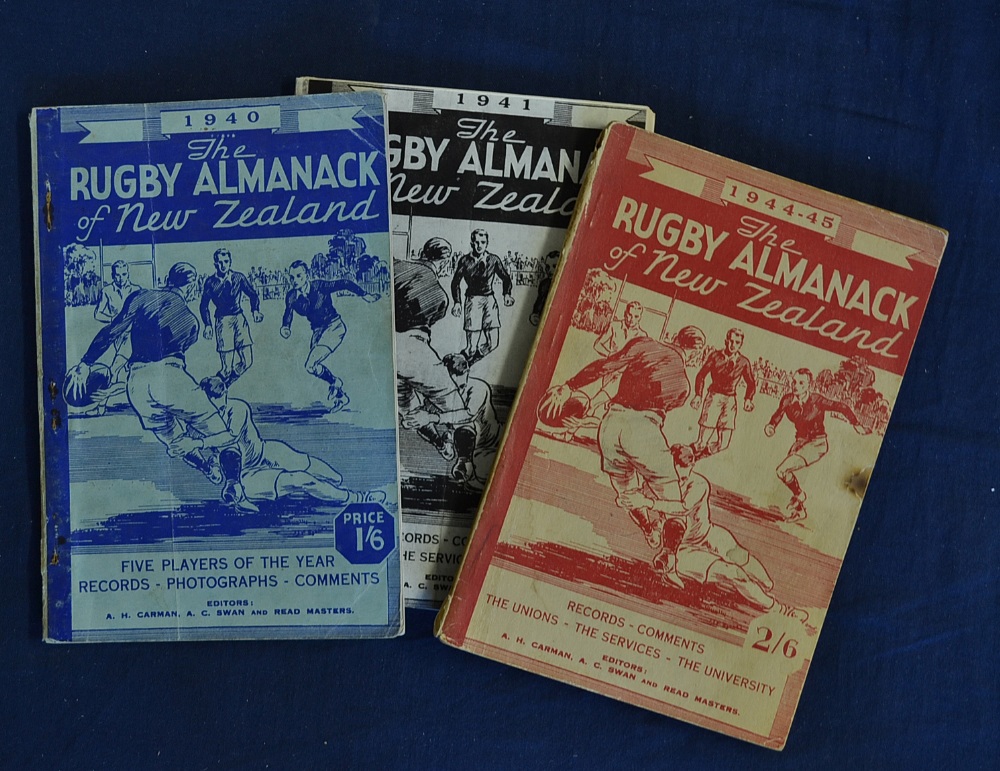 3x war time New Zealand Rugby Almanacks from 1940-1945 to incl ’40, ’41 (facsimile covers) and ‘44/