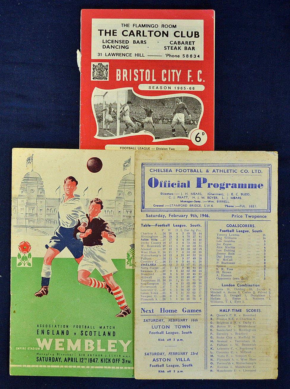 1947 England v Scotland match programme at Wembley, 1946 Chelsea v Aston Villa 9 February 1946,