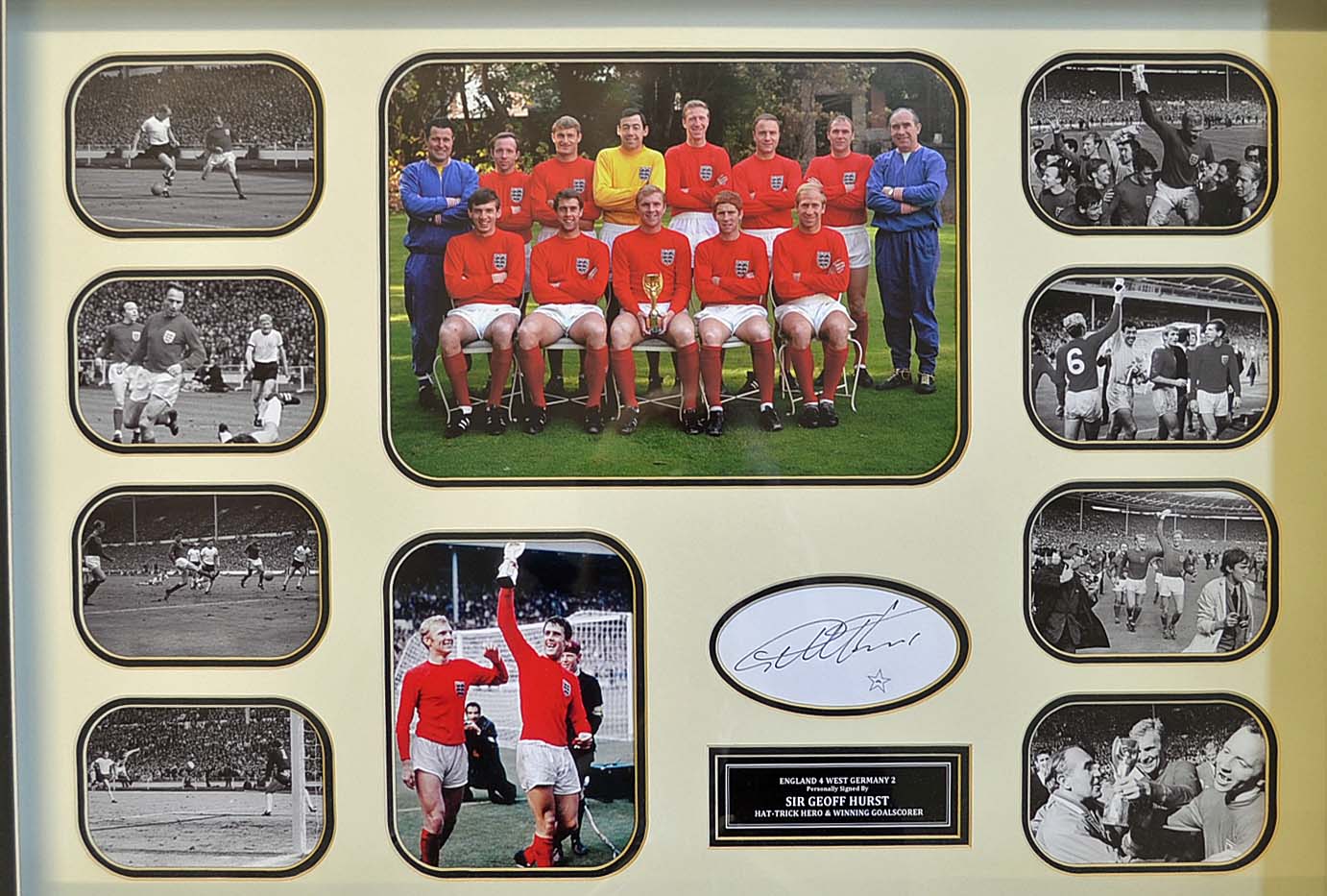 1966 England World Cup winners montage signed by Geoff Hurst a total of 10x print images, mostly
