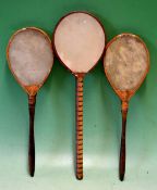 Battledores/Ping Pong (3) – comprising one pair with leather trim and dark stained wooden tapered