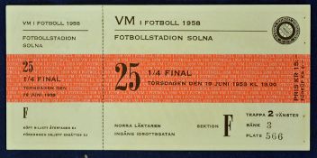 1958 World Cup match ticket Sweden v USSR 19 June 1958 in Stockholm, quarter final match. Complete