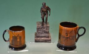 Tennis spelter figure and ceramics to incl male tennis figure mounted on two-tiered marble base